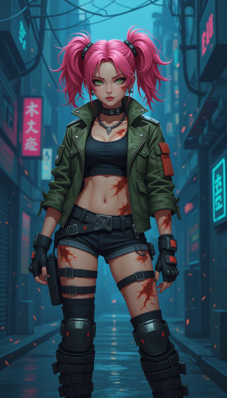 Petite Cyberpunk Warrior in Futuristic Cityscape