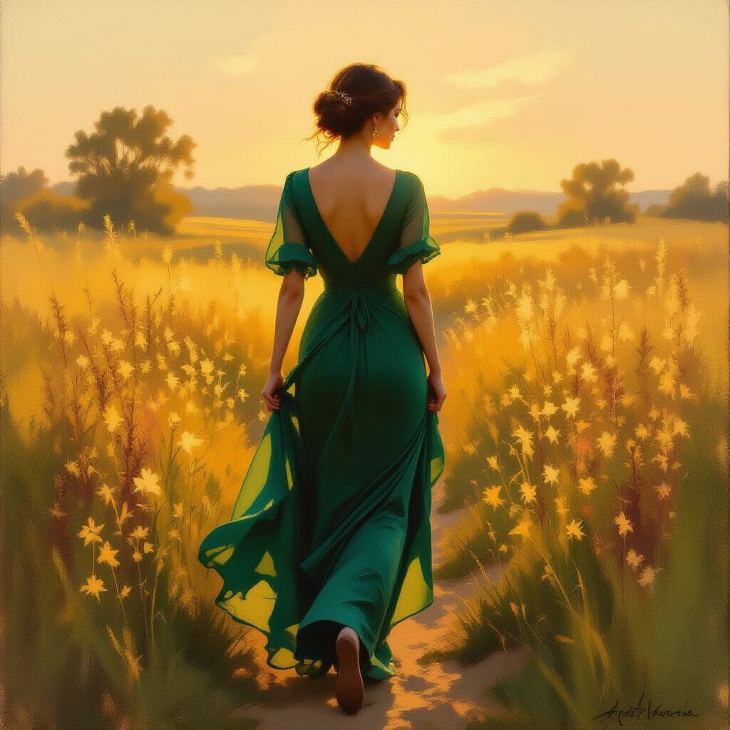 Woman in Emerald Dress in Golden Hour Light Oil Painting