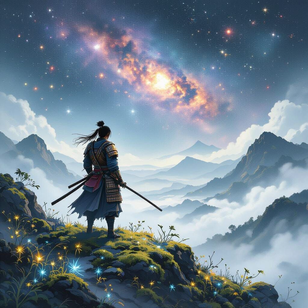 Samurai on Misty Peak with Bioluminescent Valley