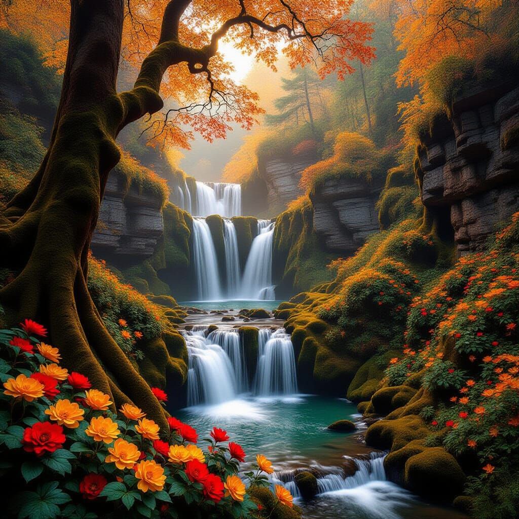 Autumn Waterfalls Cascading Down Mountain Vista