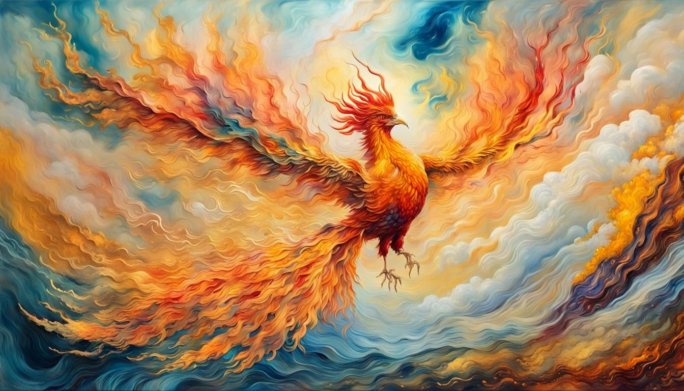 Phoenix Soaring Through Clouds: Impressionist Landscape
