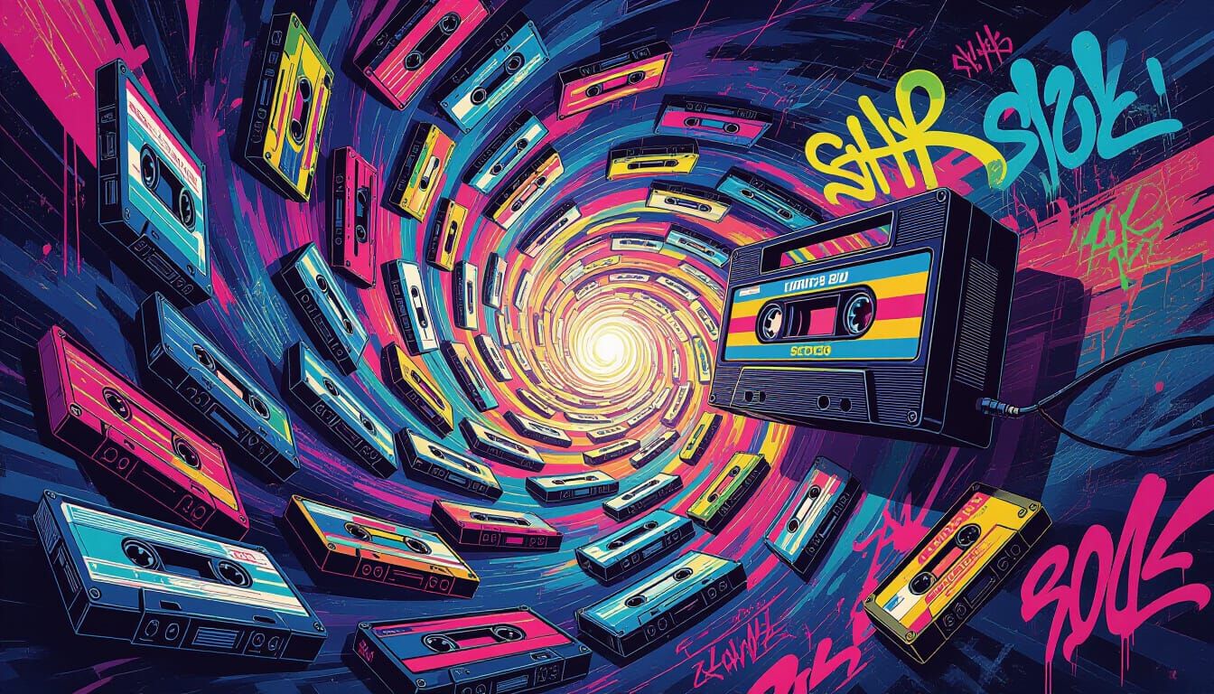 Cassette Tape Spiral in 80s Neon Graffiti Style