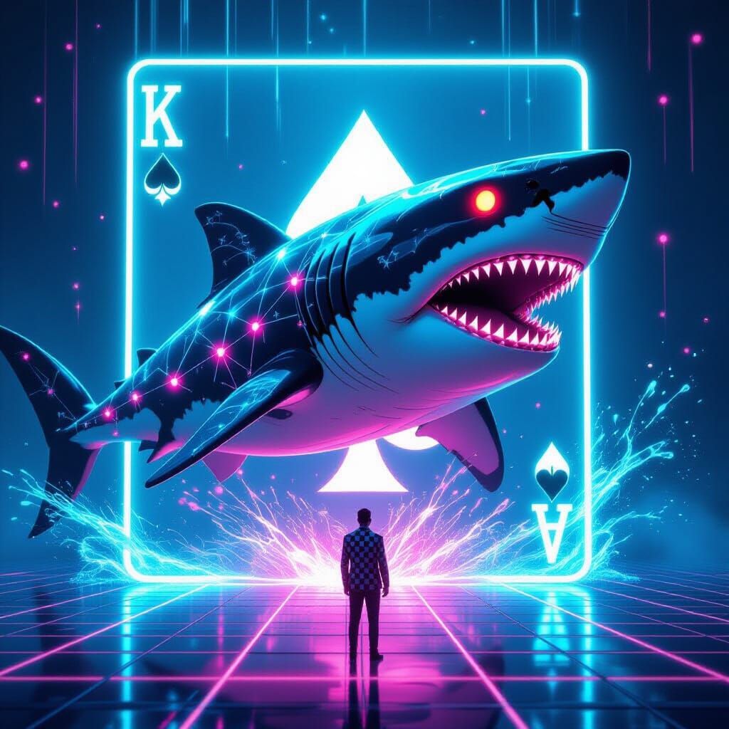 Colossal Neon Shark Erupts From King of Spades Card