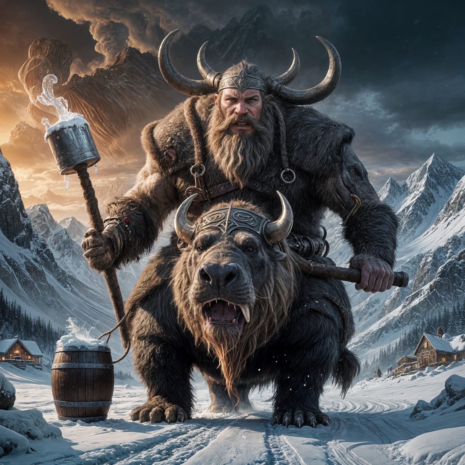 Viking on Walrus in Surreal Winter Landscape