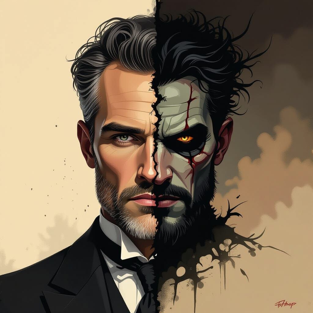 Dual Face: Calm vs. Wild in Dark Futurism