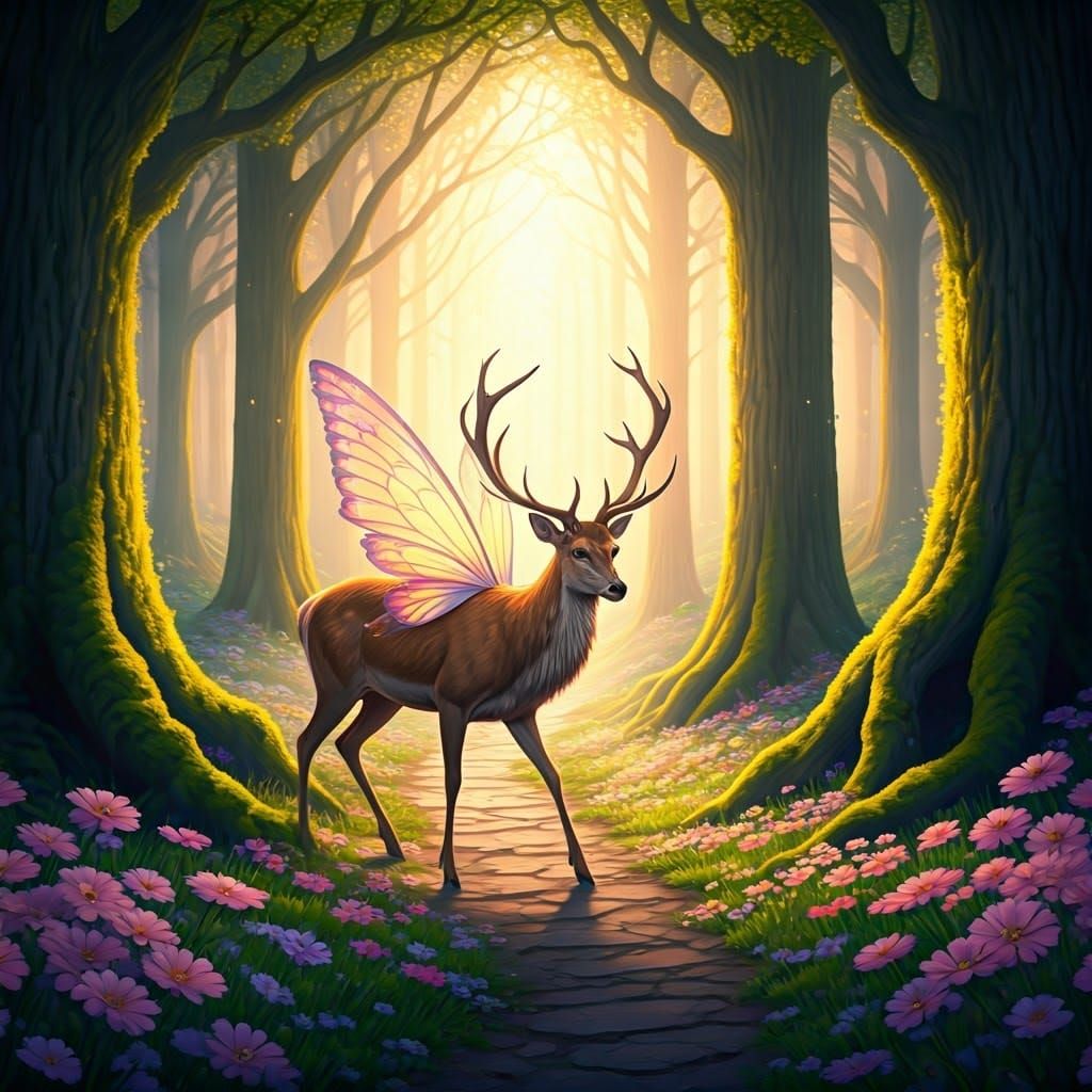 Fairy-Winged Deer in Enchanted Forest