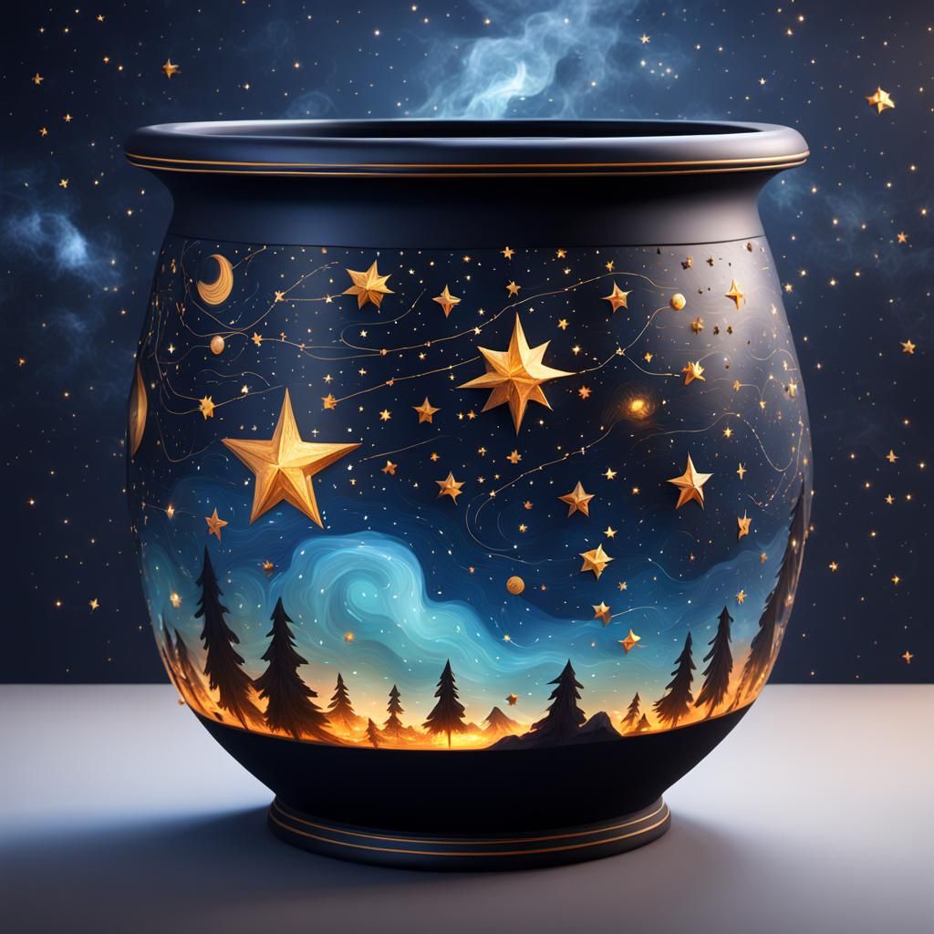 Cosmic Pot with Star Constellations: Realistic Digital Art