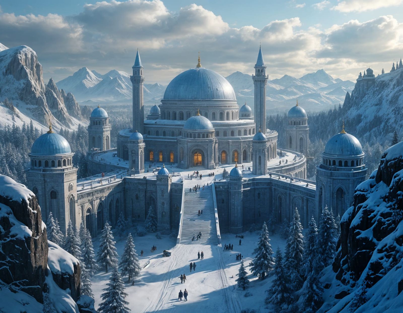 Futuristic Frozen Winter City with World Trees