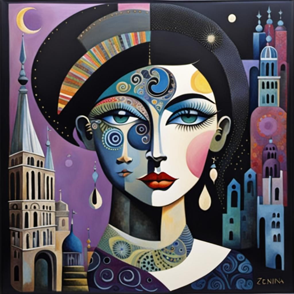 Surreal Mixed Media Collage with Crescent Moon