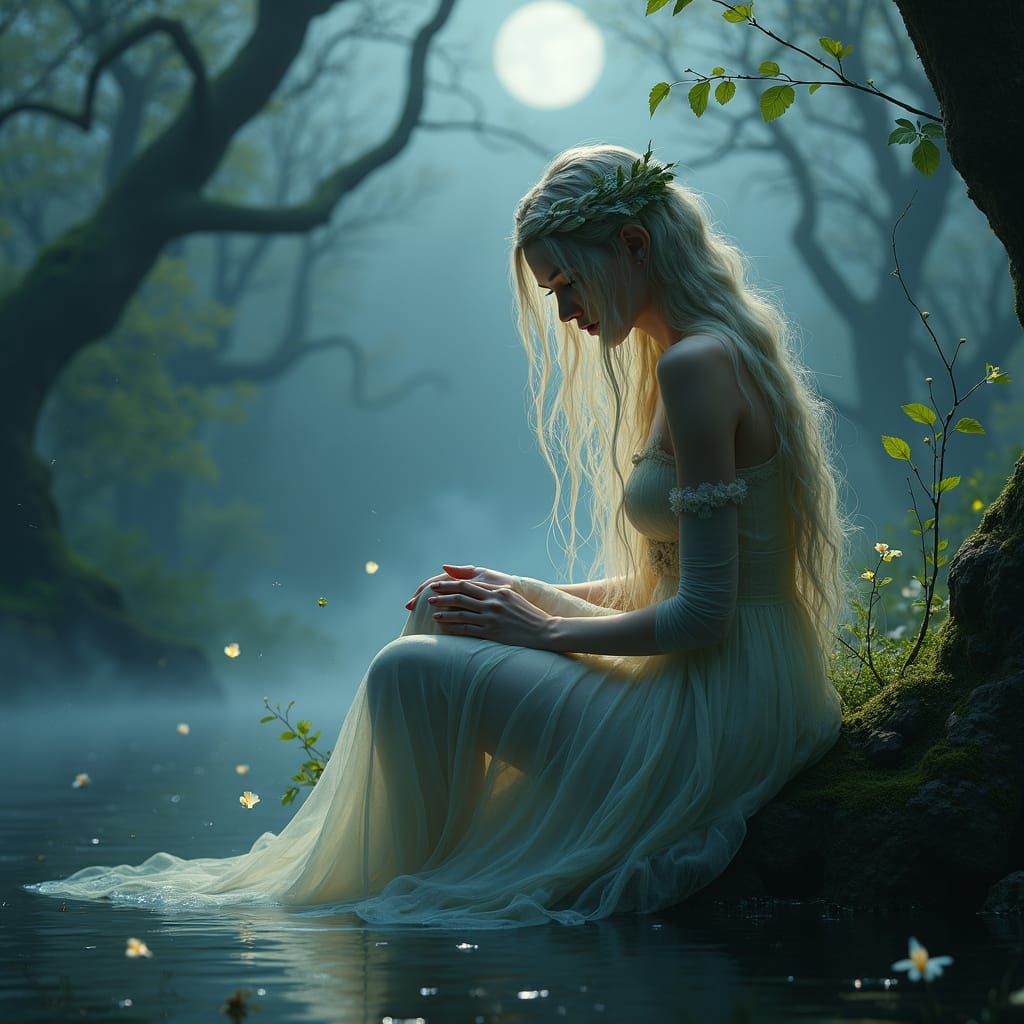Ethereal Slavic Forest Spirit Mavka in Moonlit Lake Scene