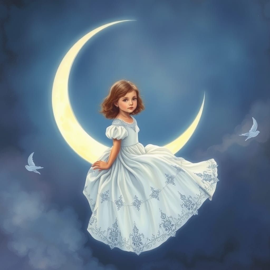 Whimsical Child Sits Serene on Crescent Moon in Ethereal Lan...