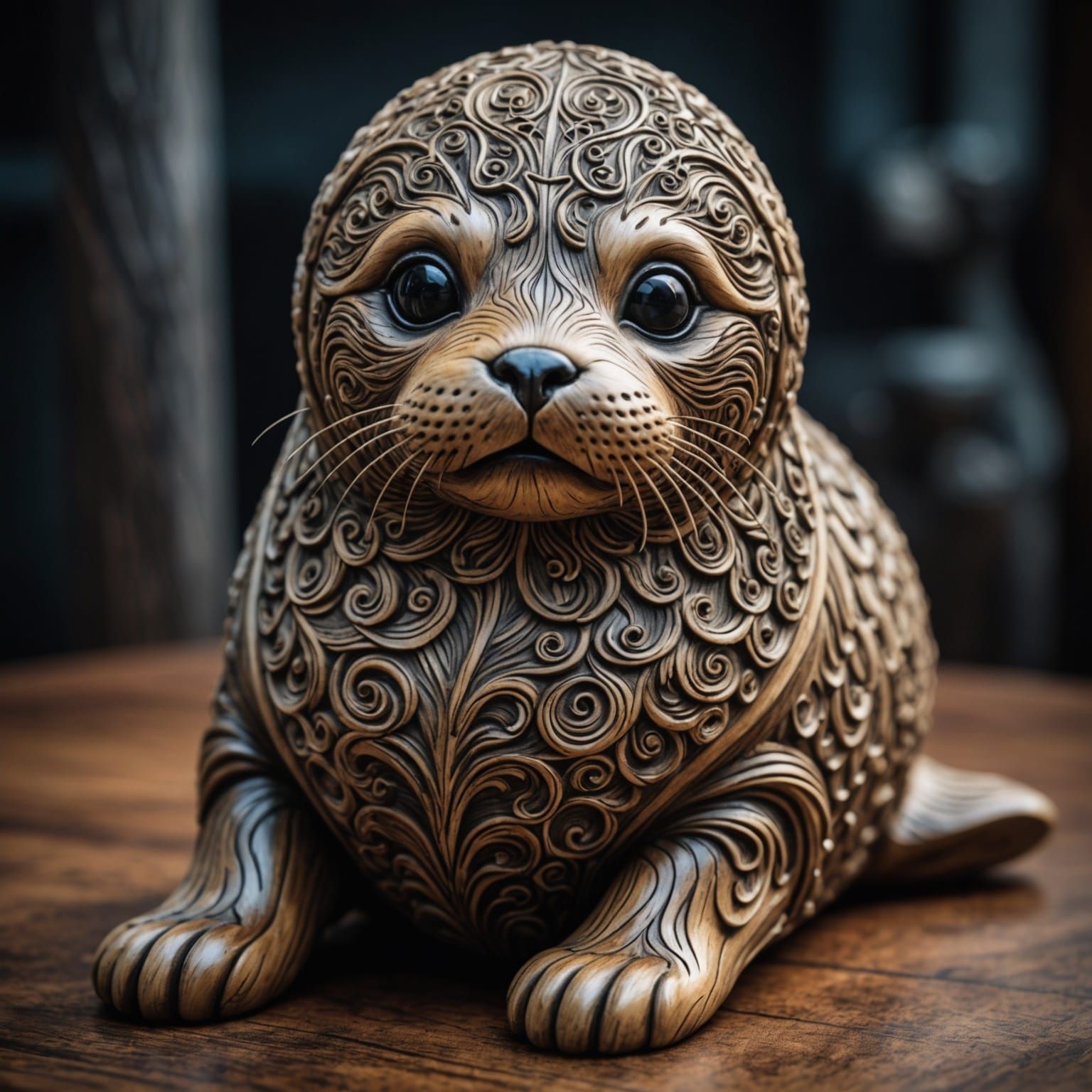 Hyperrealistic Wood Carving of a Viking Baby Seal
