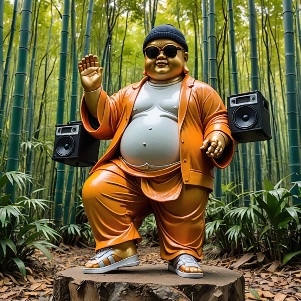 Buddha Statue in Streetwear Doing Orange Justice Dance
