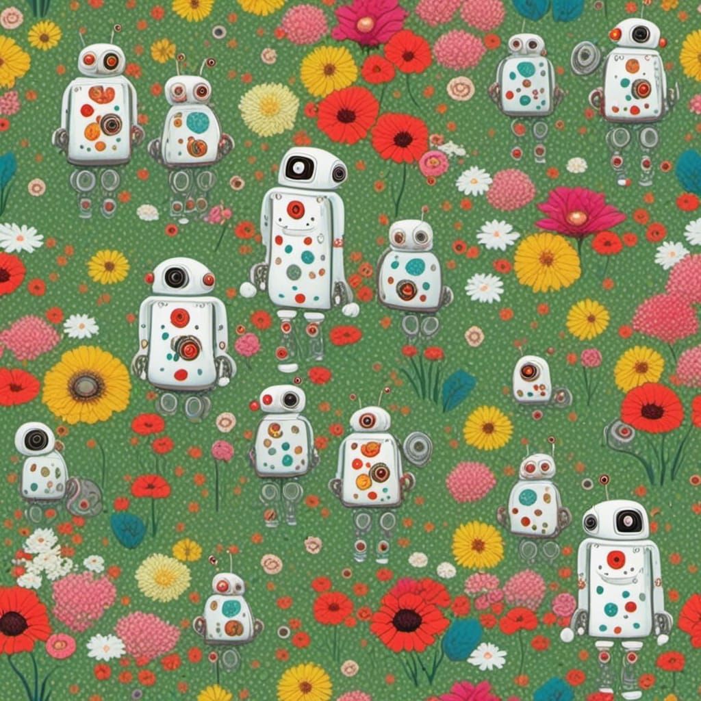 Cute Robots Enjoying a Flower Garden