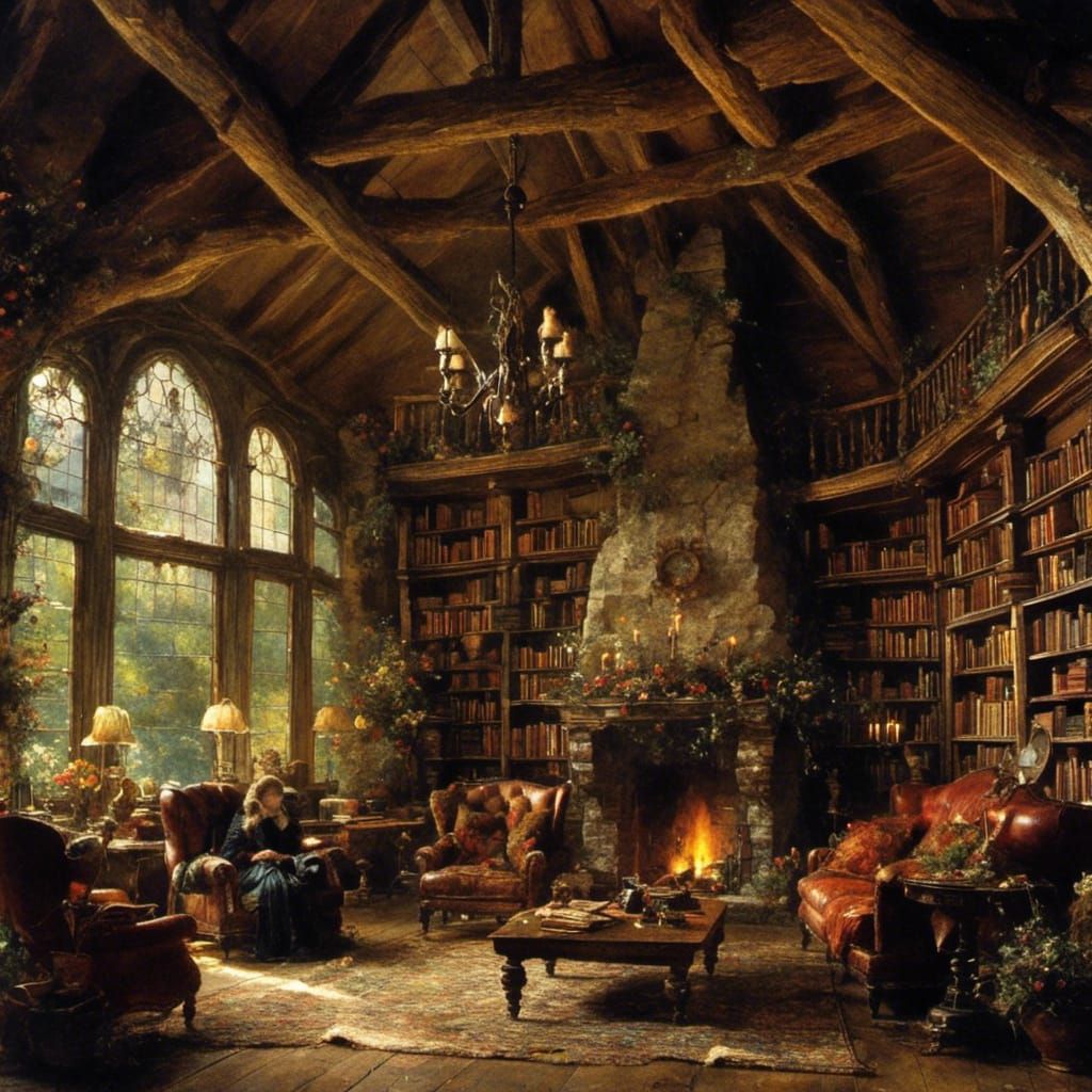 Cozy Fantasy Library with Fireplace