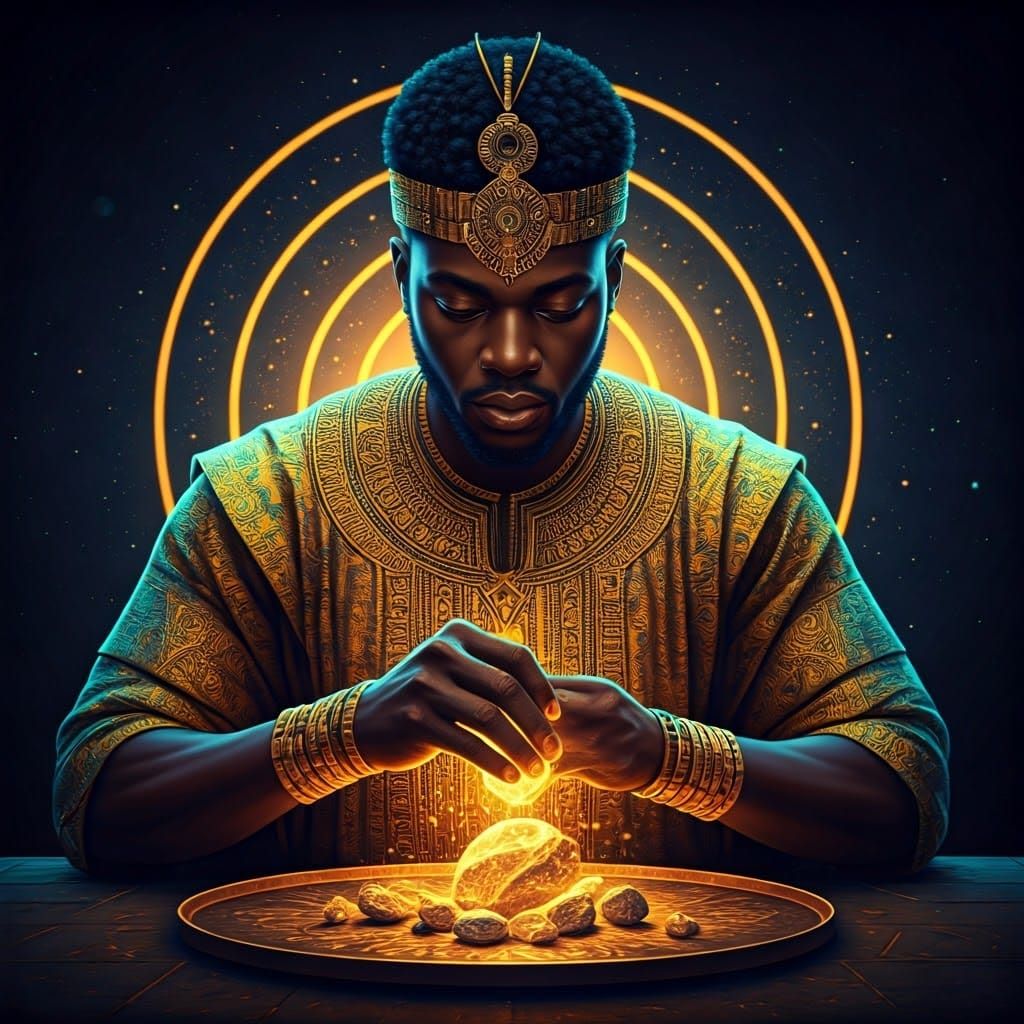 African Prince Alchemist Transmuting Stones to Gold