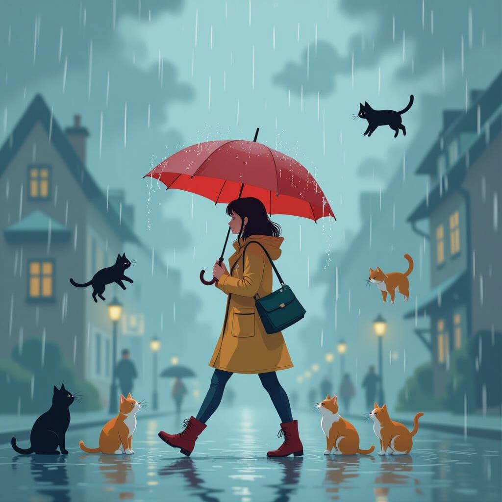 Rainy Day: Woman Walks Amidst Falling Cats and Dogs