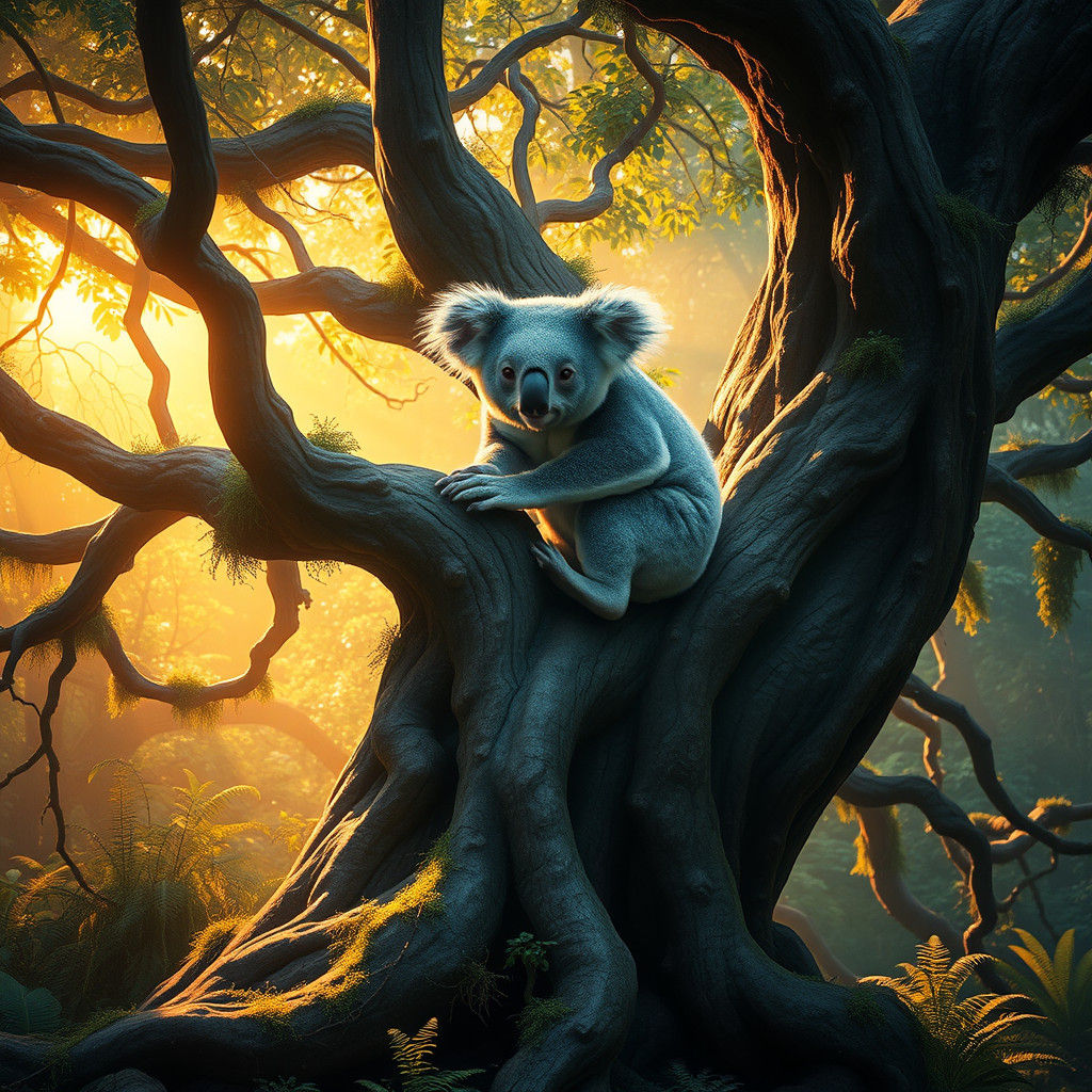 Koala Ascends Ancient Tree in Mystical Forest