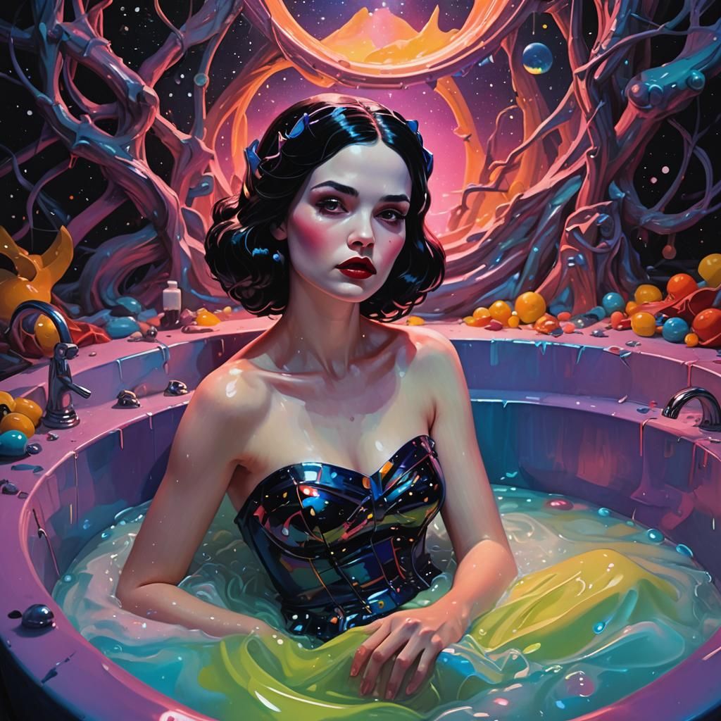 Snow White in Neon Bathtub: Eerie Surrealism