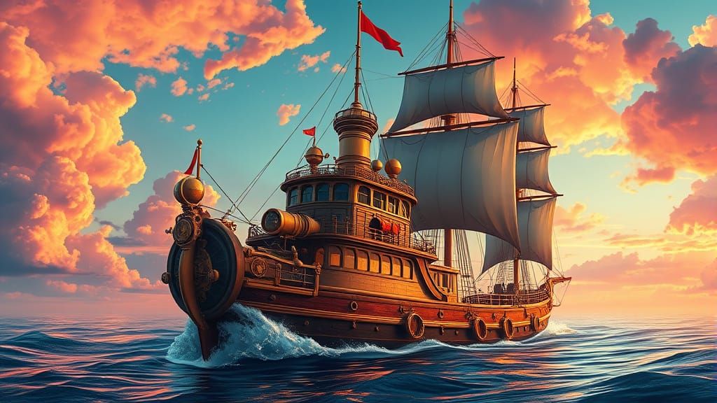 Surreal Vapor Ship on Ancient Postage Stamp, in Anime Style