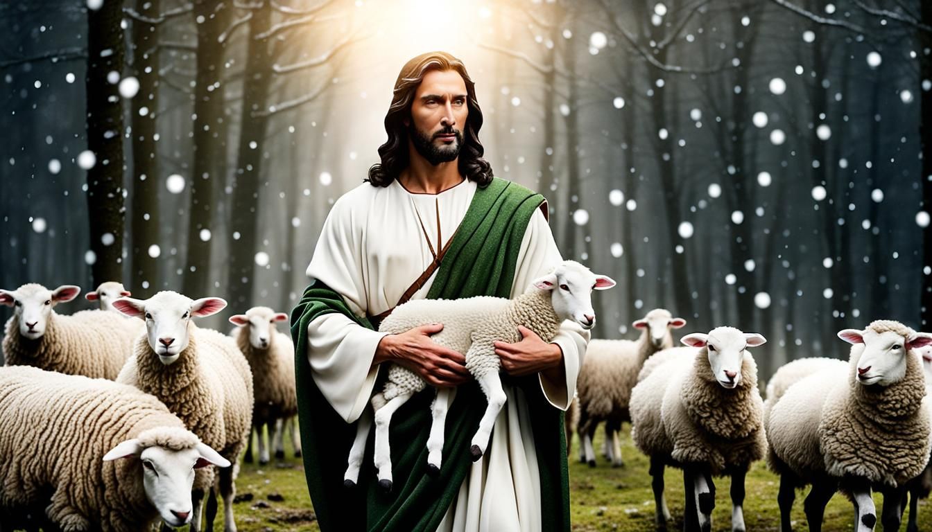 Jesus Holding Lamb in Winter Christmas Scene
