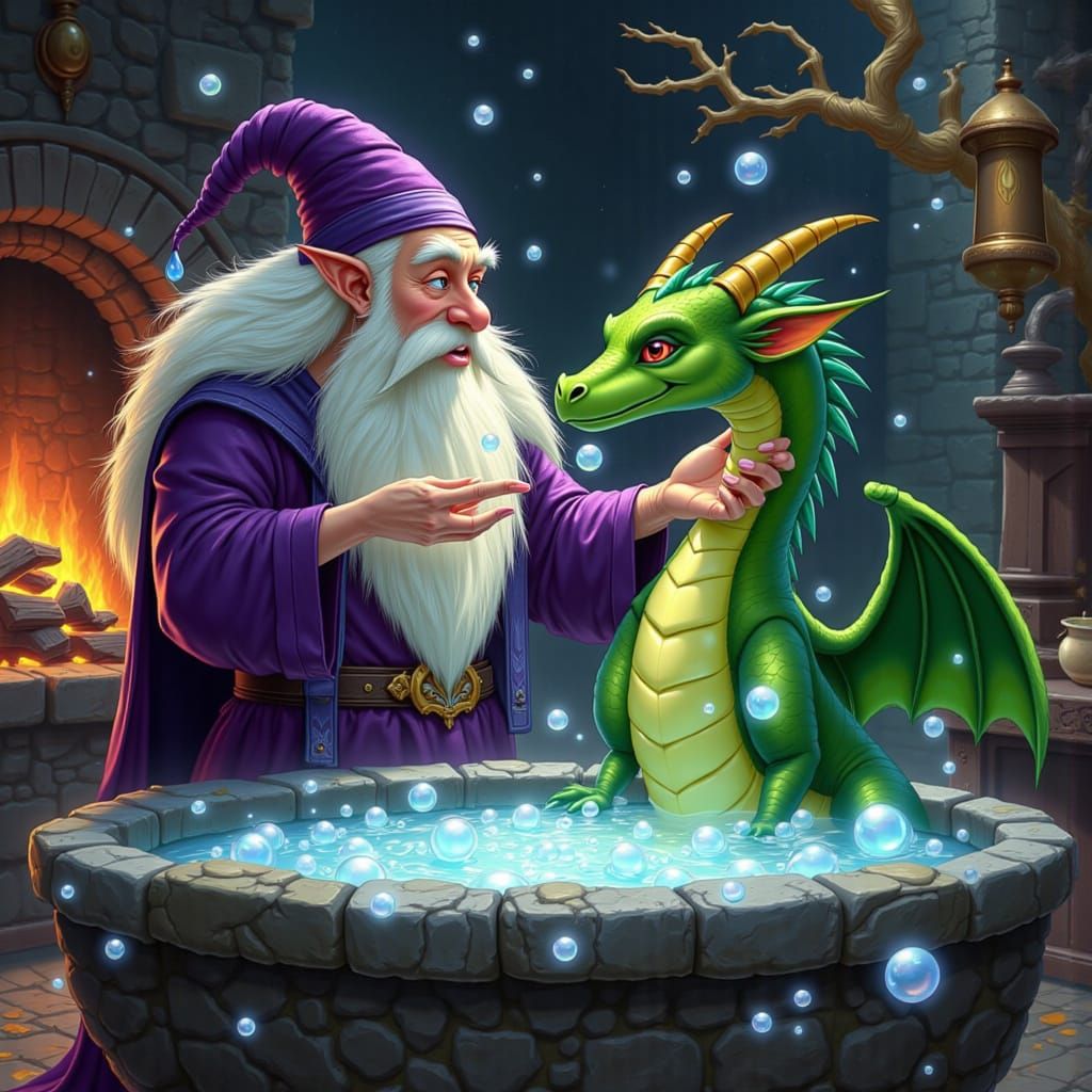 Wizard Bathes Dragon With Magical Bubbles in Storybook Style