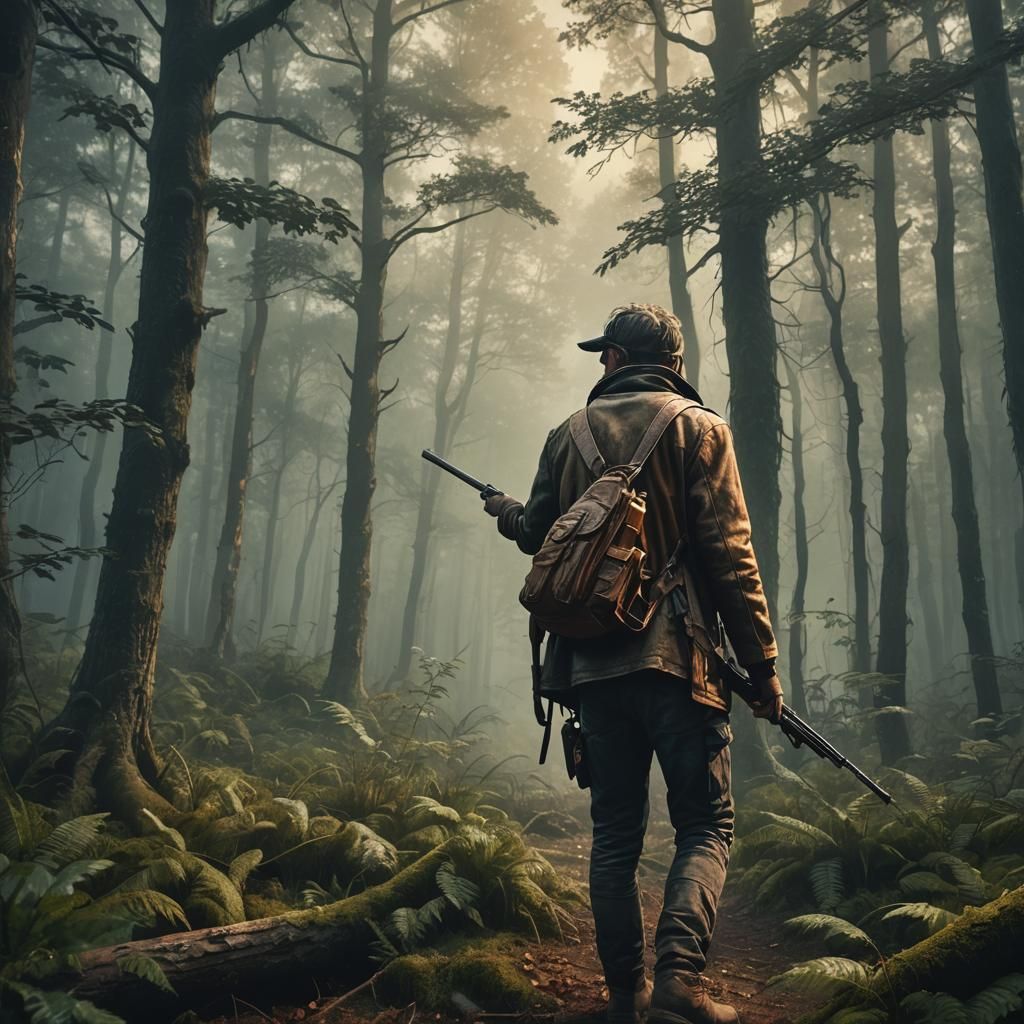 Hunter in Misty Forest: Digital Illustration