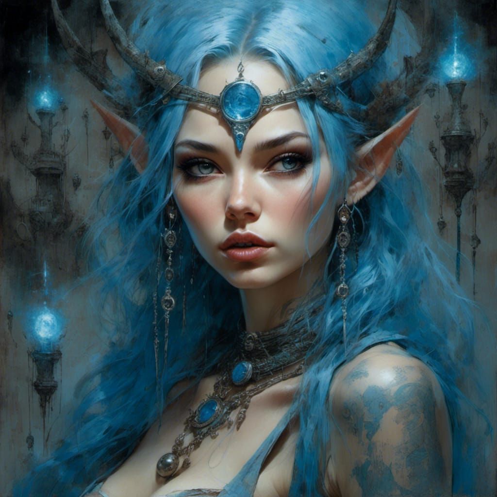 Blue Elf Sorceress Portrait with Magical Staff