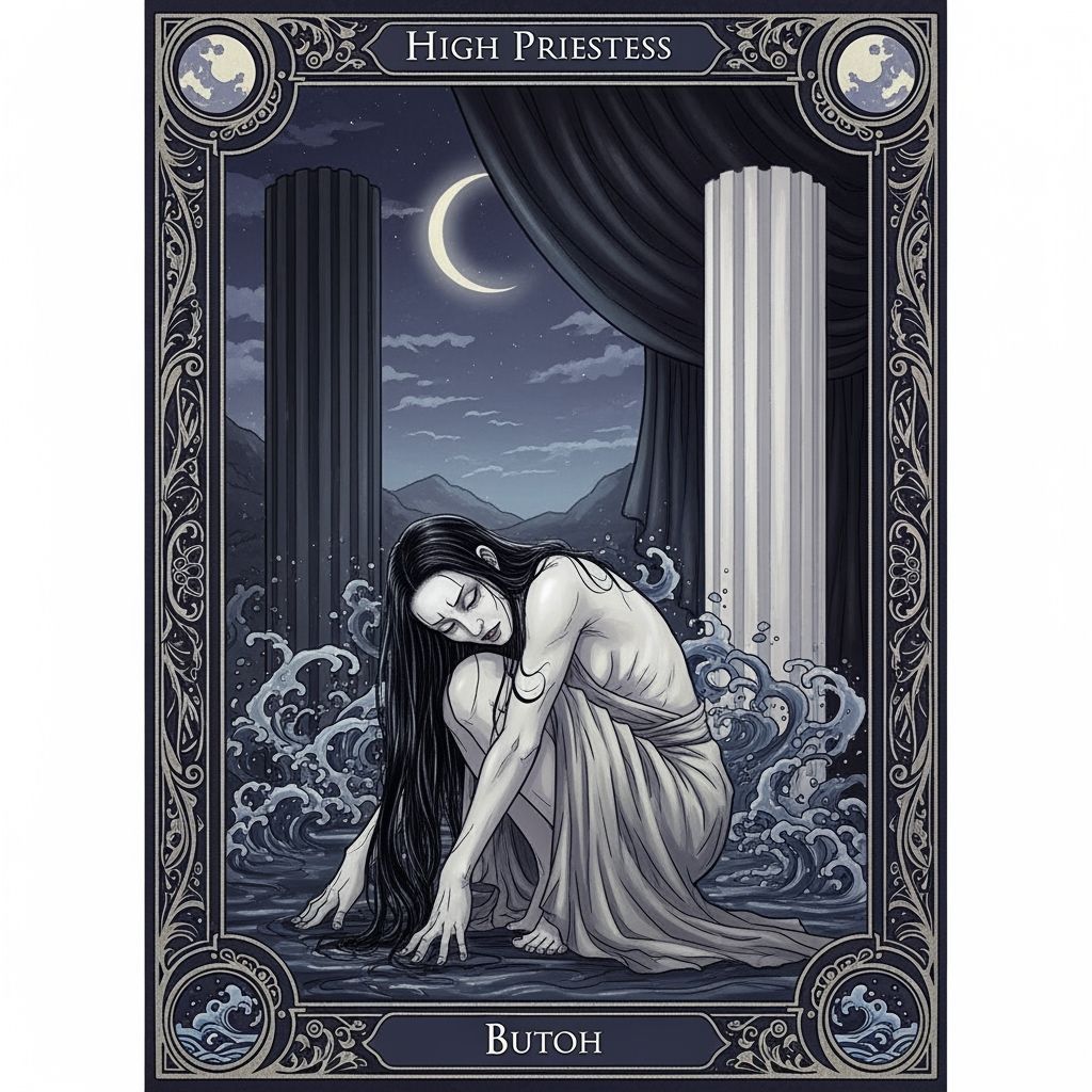 a tarot card representing the High Priestess using the Butoh from Japan. In text write: High Priestess  Butoh