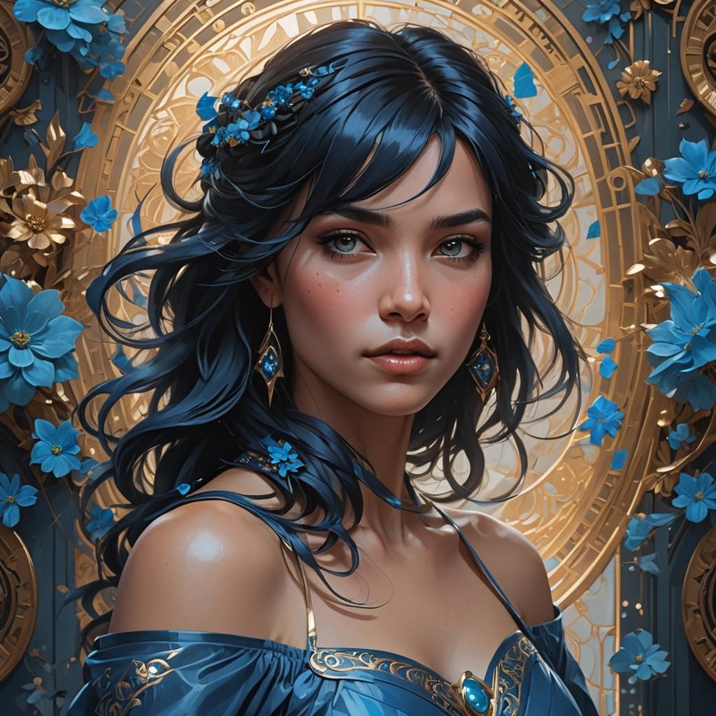 Blue Woman Portrait in Hyperdetailed Digital Art