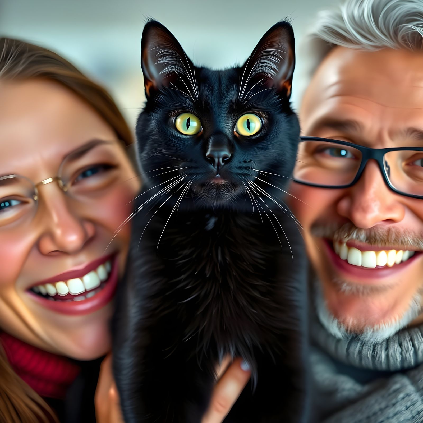 Friendly Couple with Black Feline Companion Close-Up