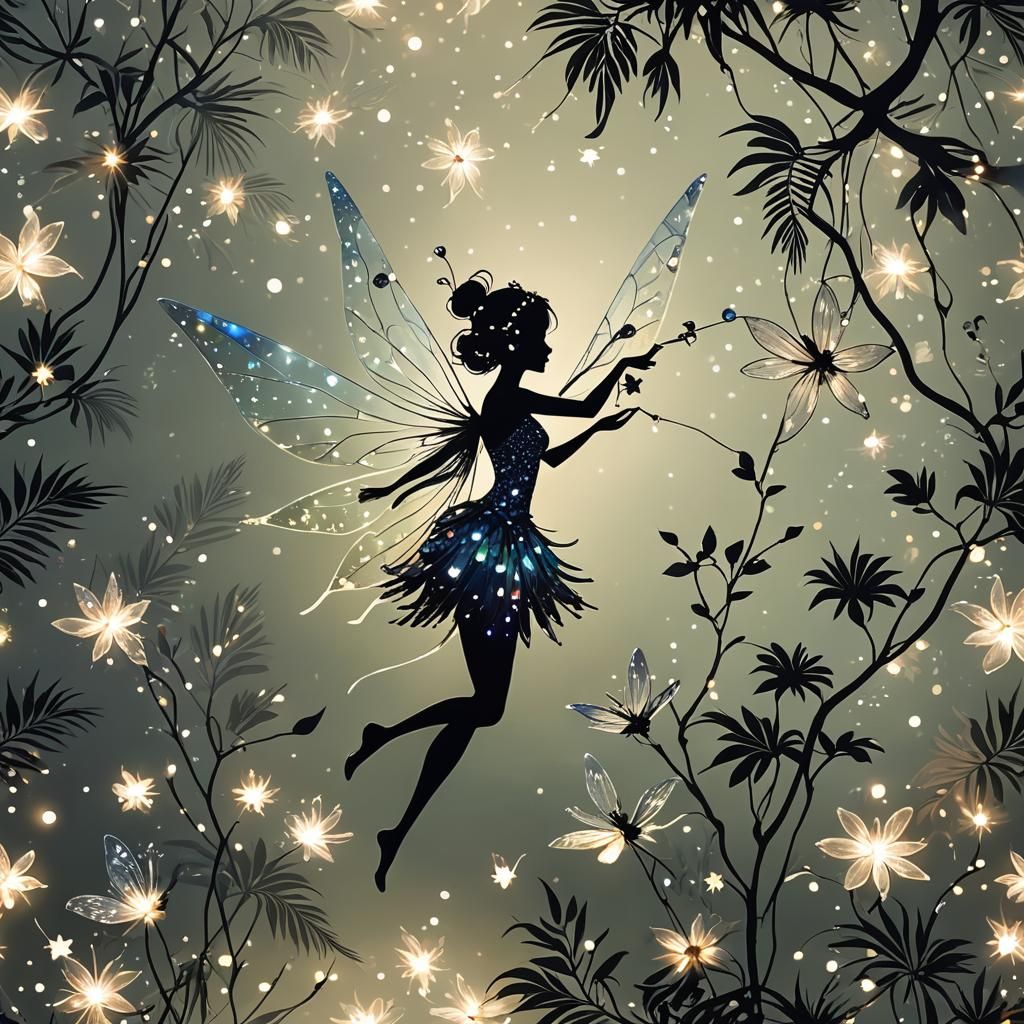 Crystal Fairy Silhouette in Firefly Forest