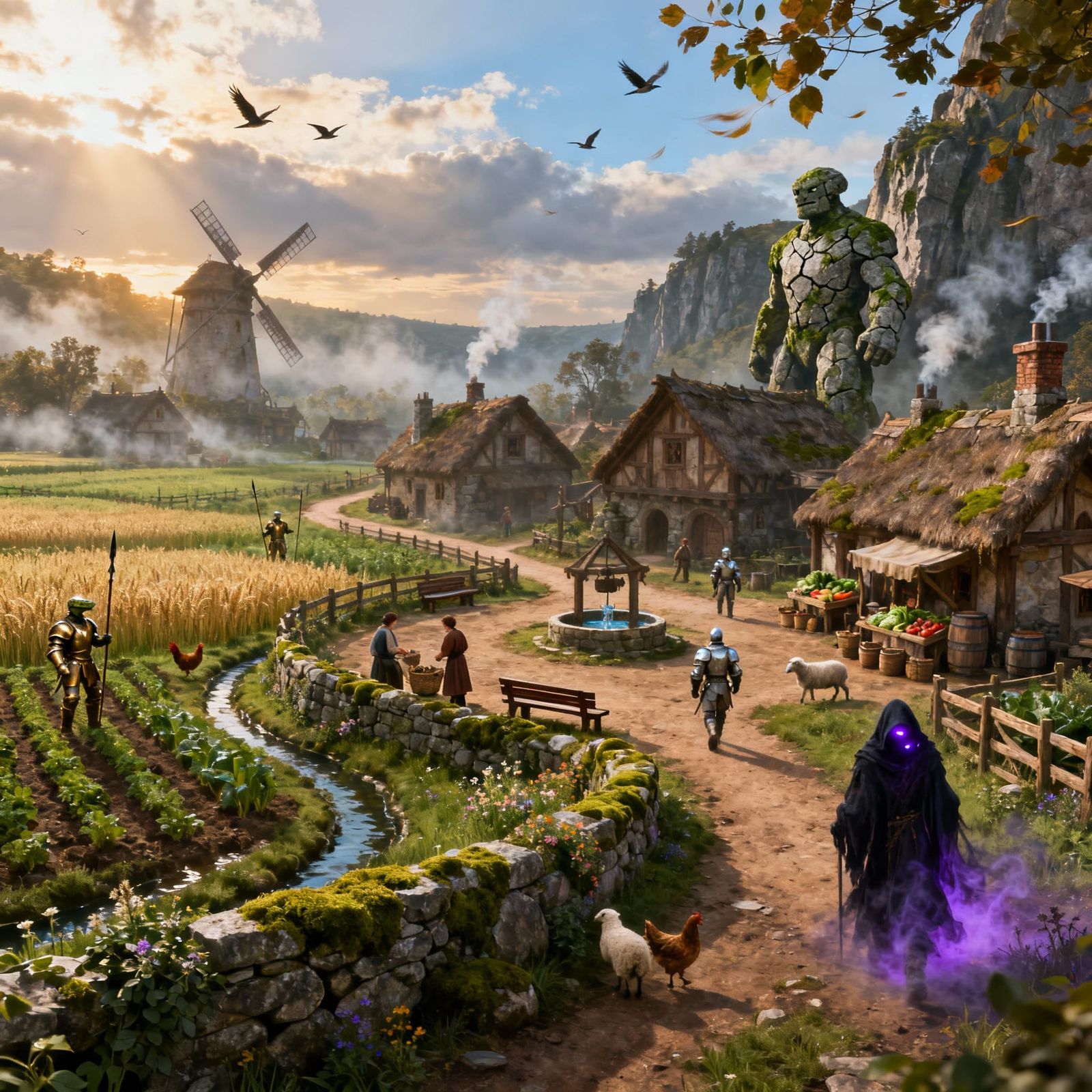 Detailed Fantasy Village at Sunrise with Lizardmen Patrol