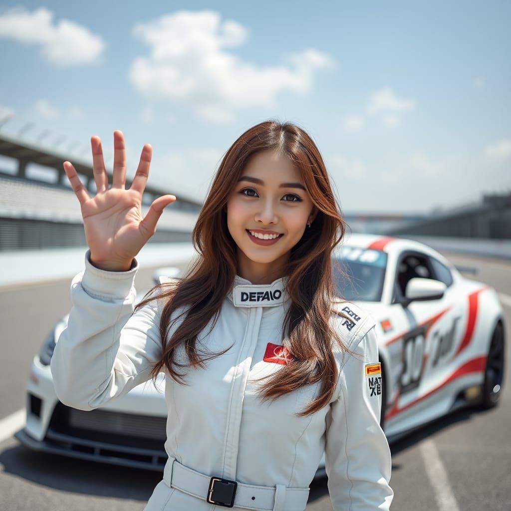 Beautiful Woman in Racing Suit on Racetrack