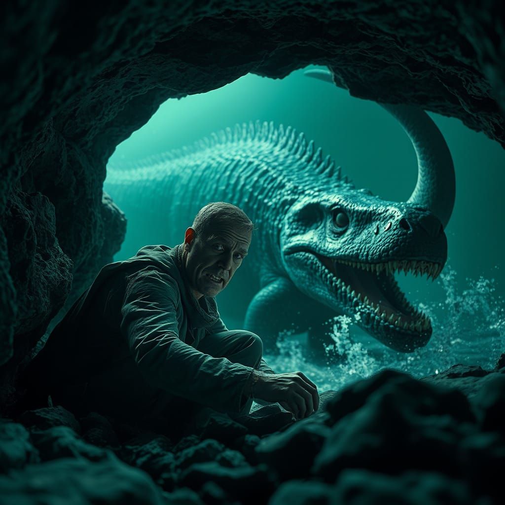 Dark Ocean Depths: Frightened Man Hides from Prehistoric Mos...