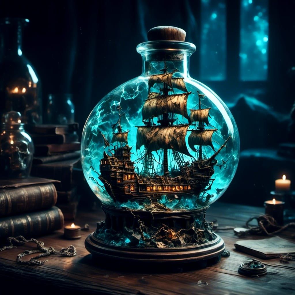 Ethereal Pirate Galleon in Glass Bottle