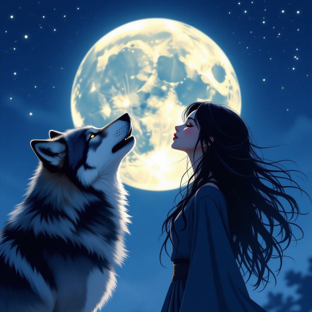 Wolf Howling at Full Moon with Vision of Girl