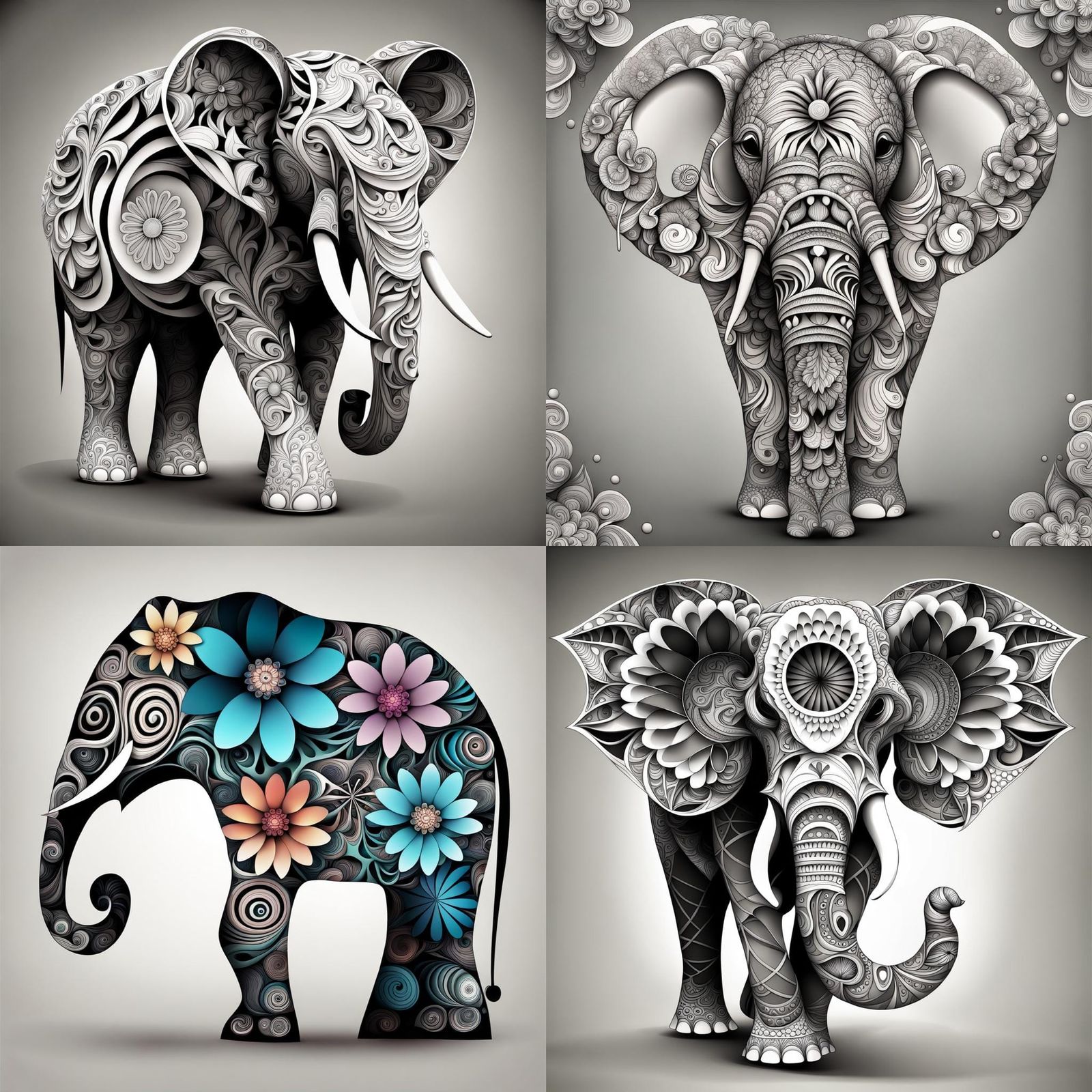 Abstract Floral Elephant in Vector Fractal Style