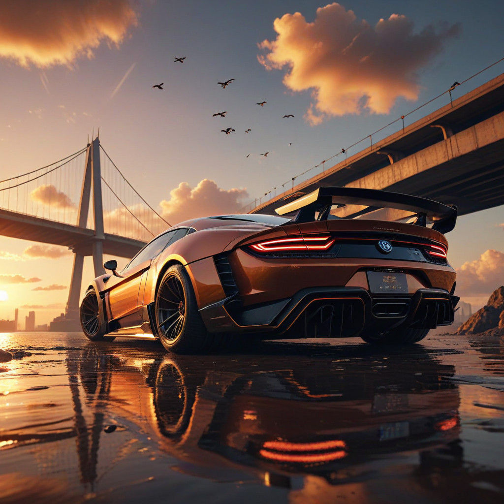 Vibrant Sunset Hypercar Bridge Scene in Detailed Matte Paint...