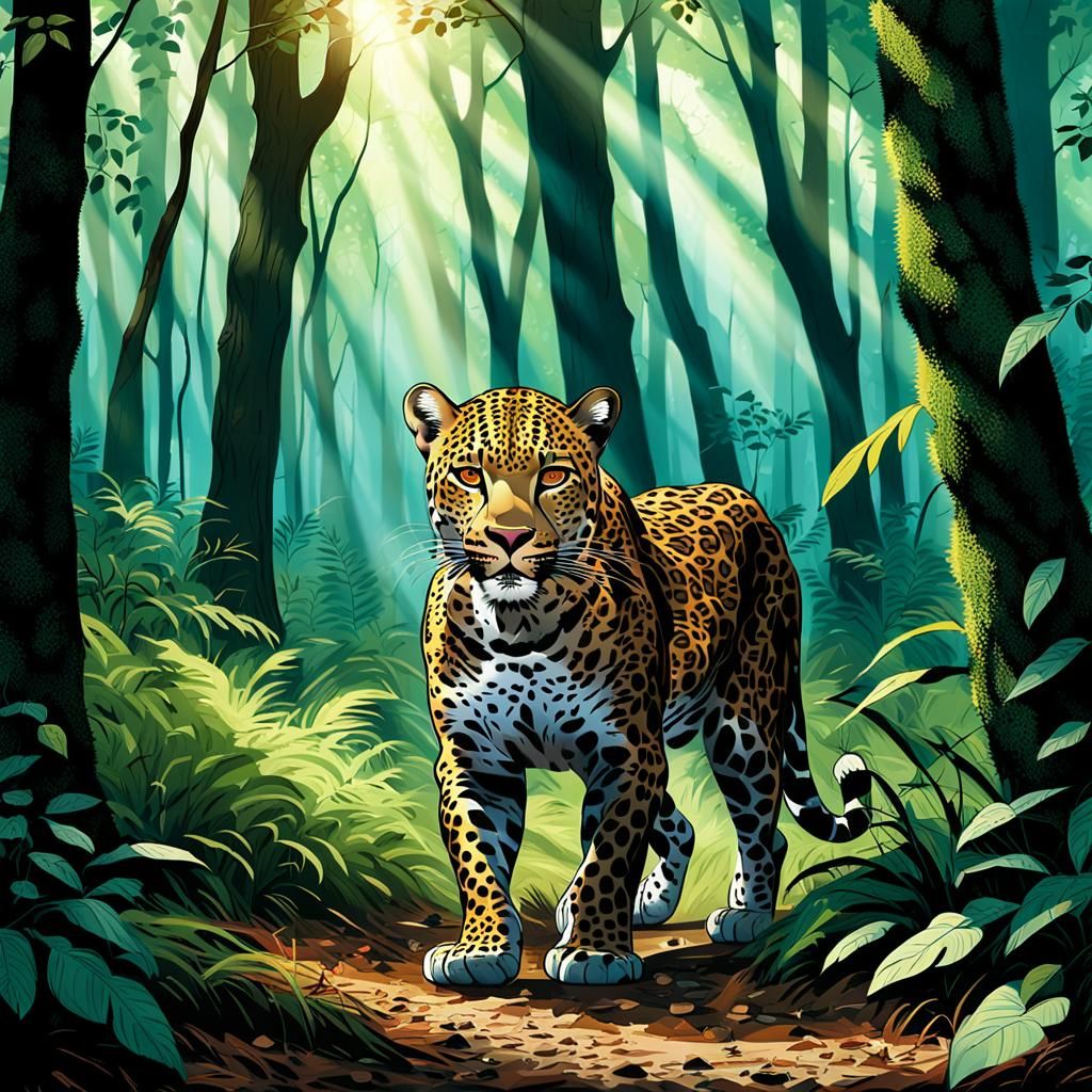 Leopard Stalking Deer in Forest: 3D Digital Art