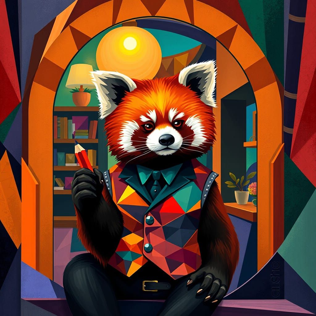 Vibrant Red Panda Clerk in Art Deco Storefront
