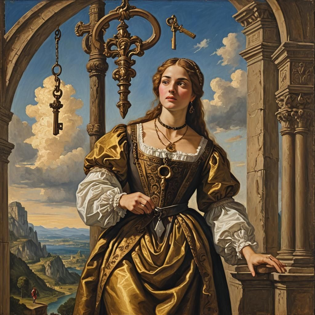Woman with Giant Key: Oil Painting in Gurney Style