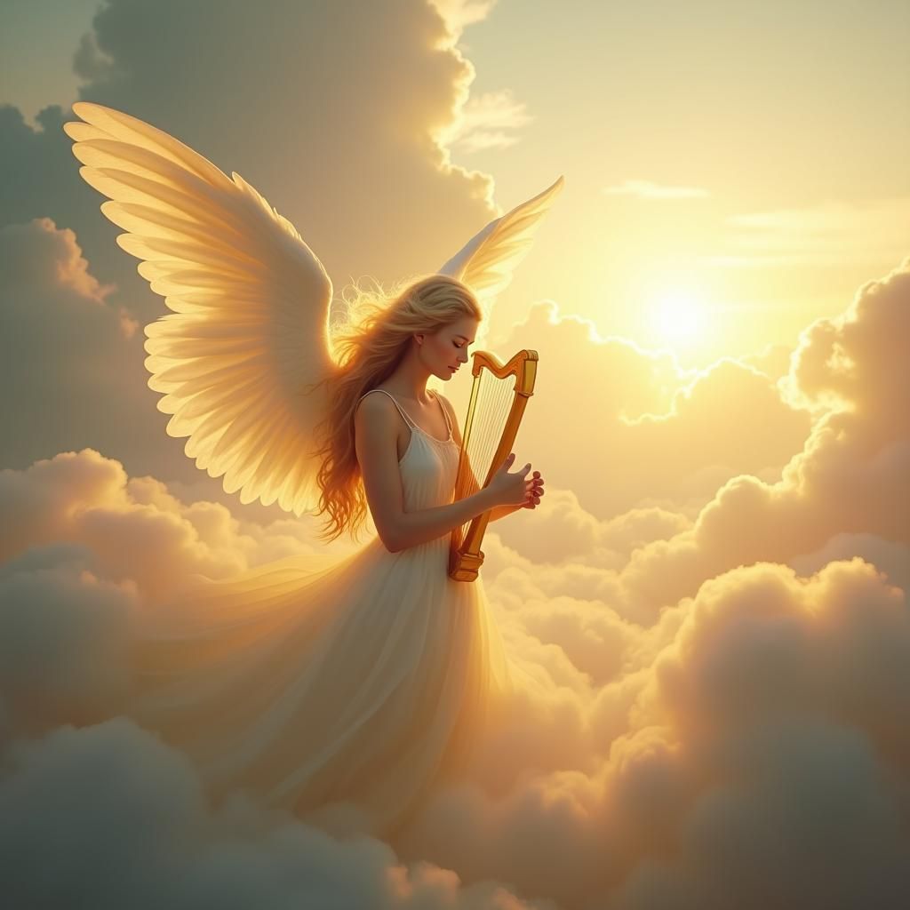 Radiant Angel Playing Harp in Heavenly Sky
