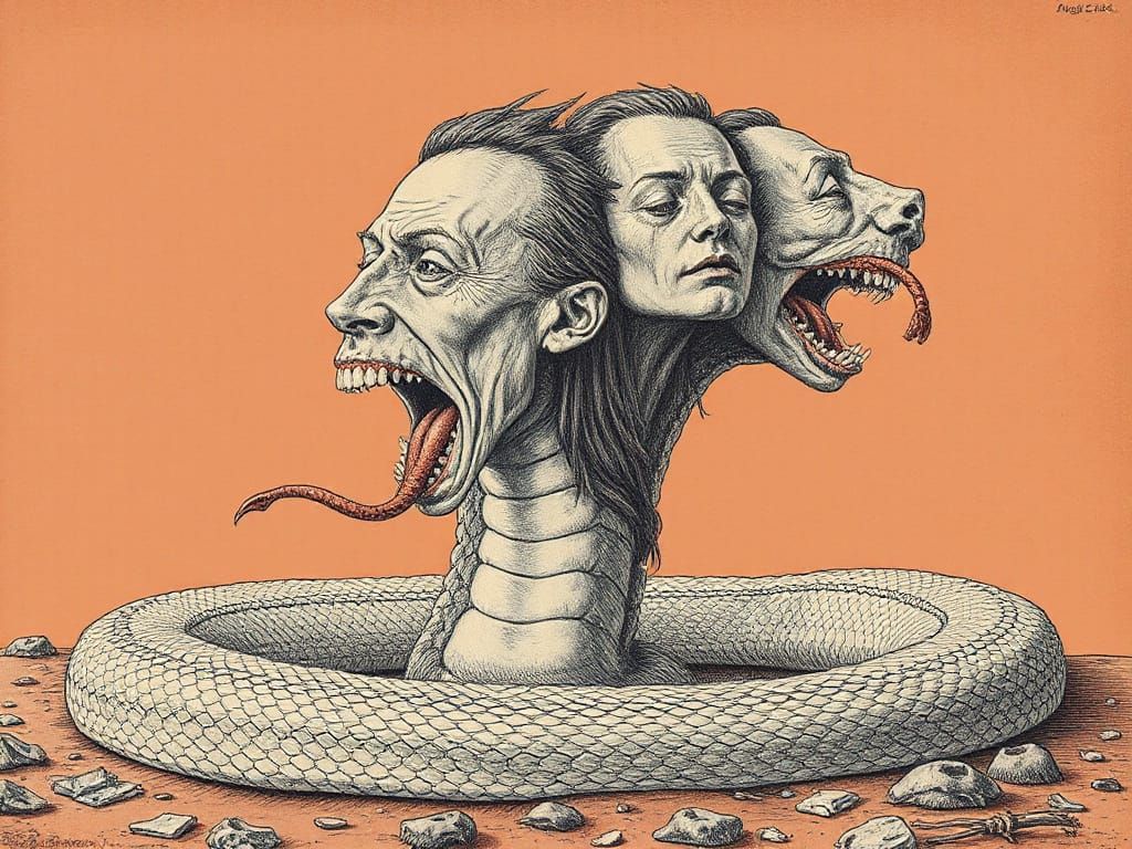 Surrealistic Serpent Formed from Human Heads in a Juxtaposit...