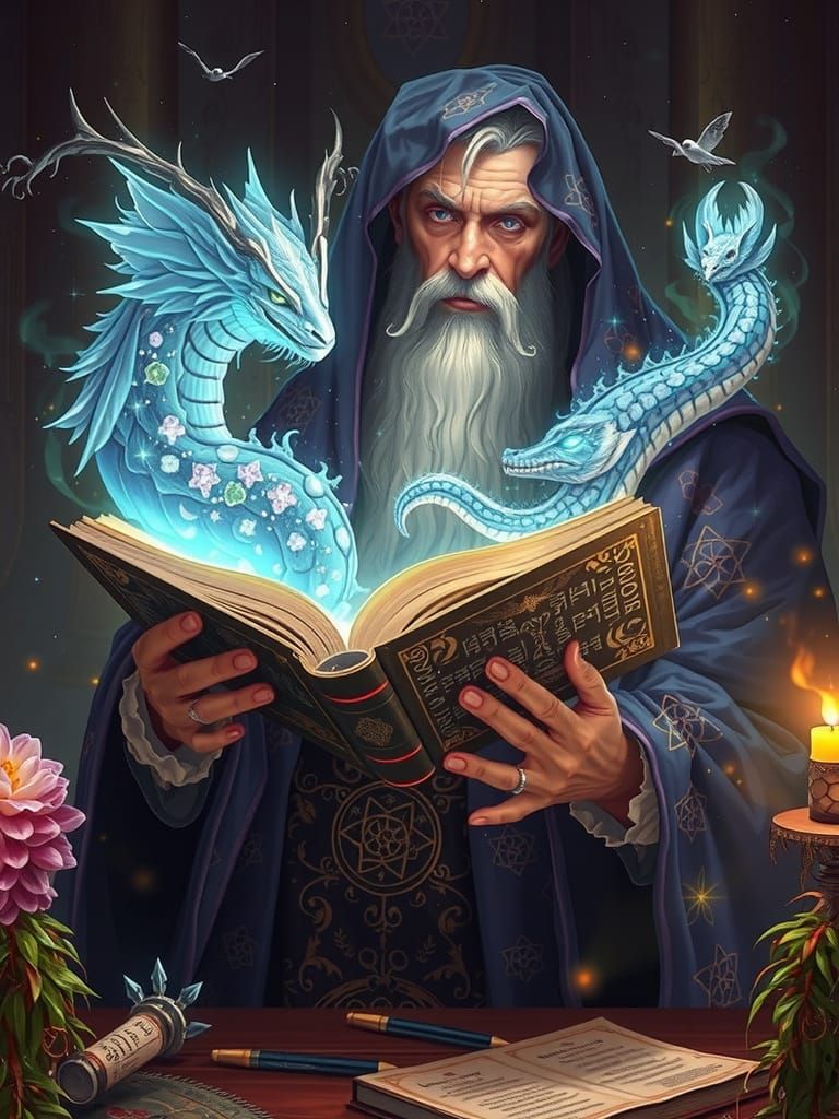 Wizard Conjures Magical Beasts and Flora from Spell Book