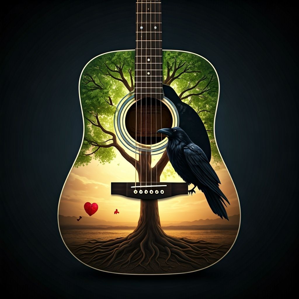 Acoustic Guitar Double Exposure with Tree, Heart, and Raven