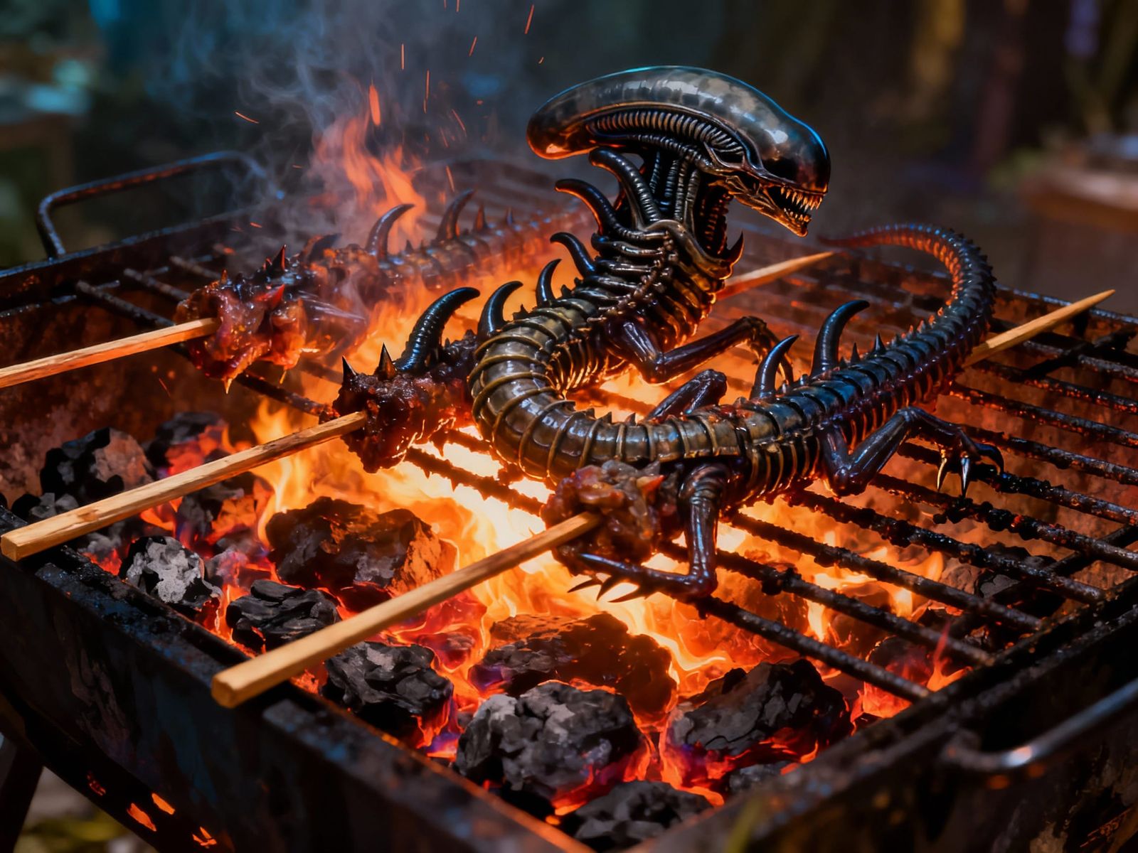 Fantasy BBQ Grilling Xenomorphs Over Burning Coals
