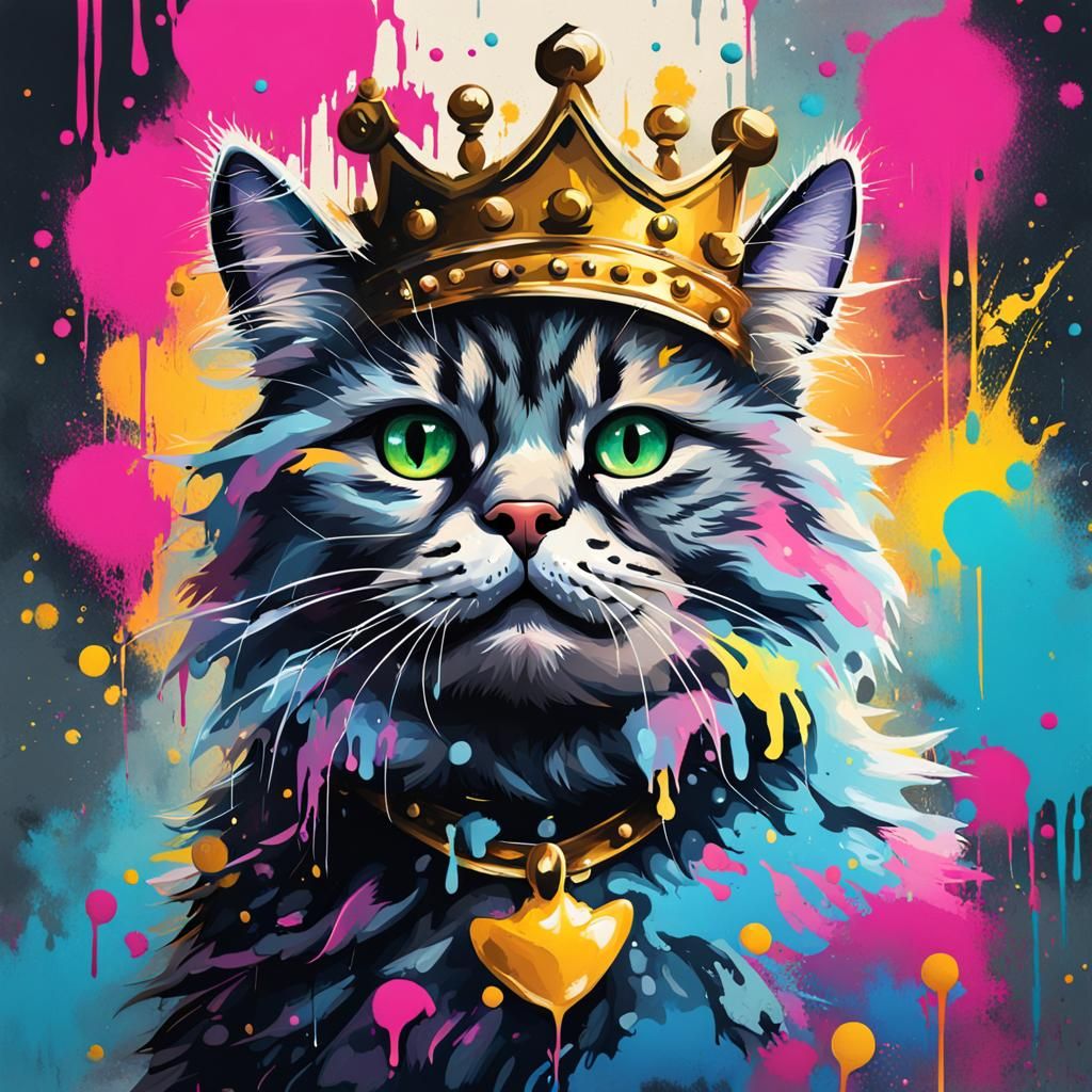 Regal Fluffy Cat in Graffiti Splash Art