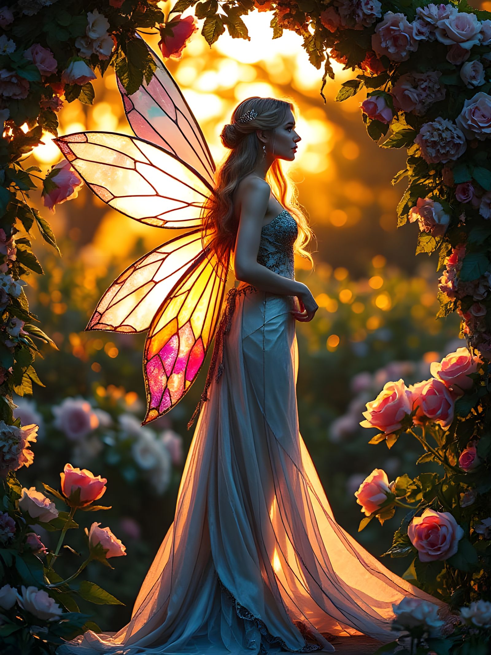 Glowing Fairy in Stained Glass Garden at Sunset