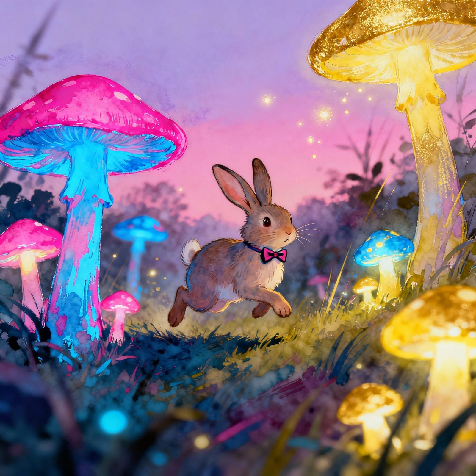 Whimsical Bunny in Glowing Mushroom Field Watercolor Illustr...